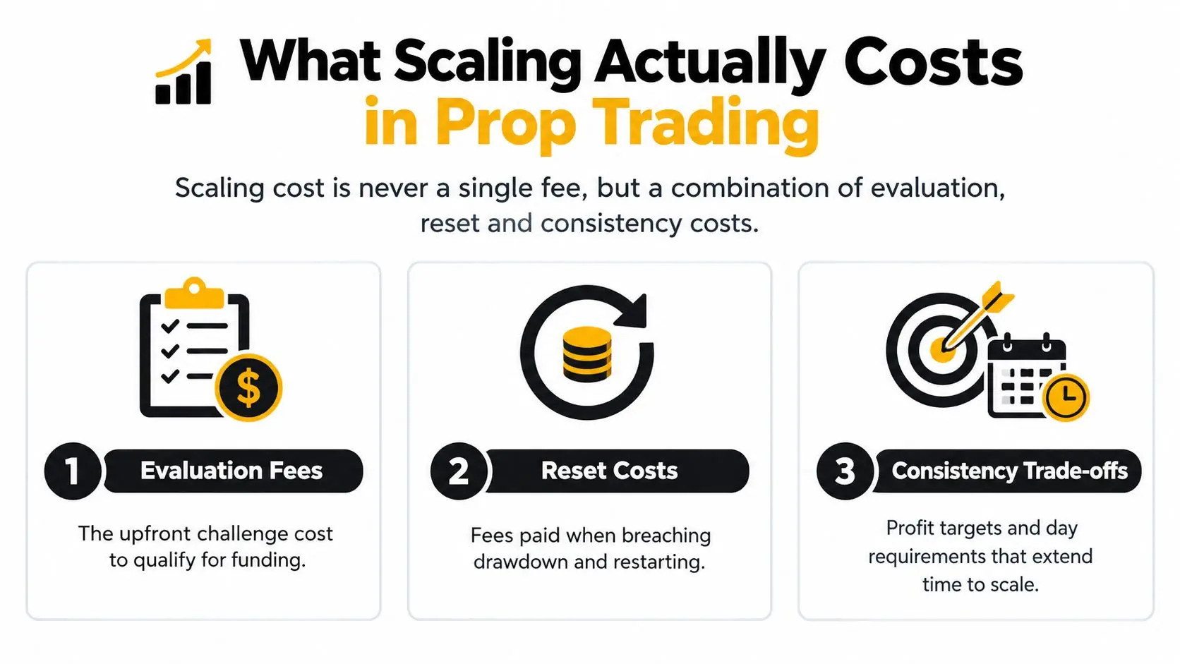 An infographic detailing the three main components of scaling costs in prop trading: evaluation, resets, and consistency.