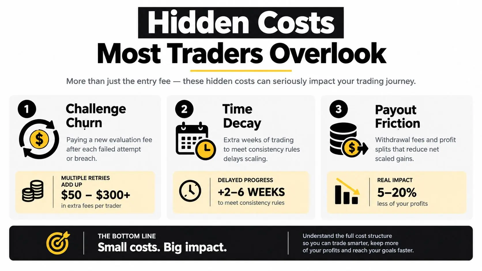 An infographic highlighting hidden costs for traders like challenge churn, time decay, and payout friction impact.