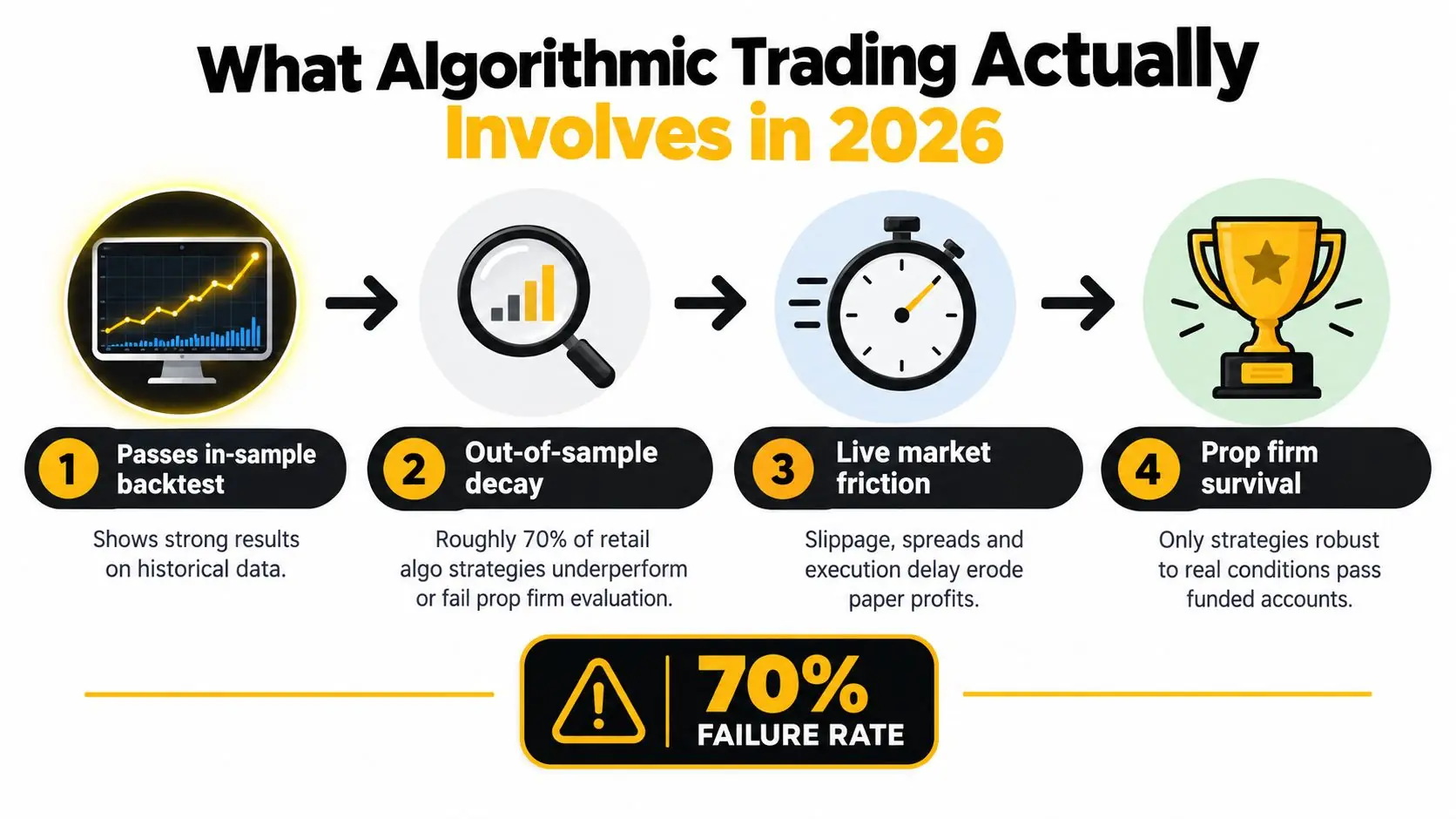A flowchart showing the four stages of algorithmic trading success from backtesting to prop firm survival.