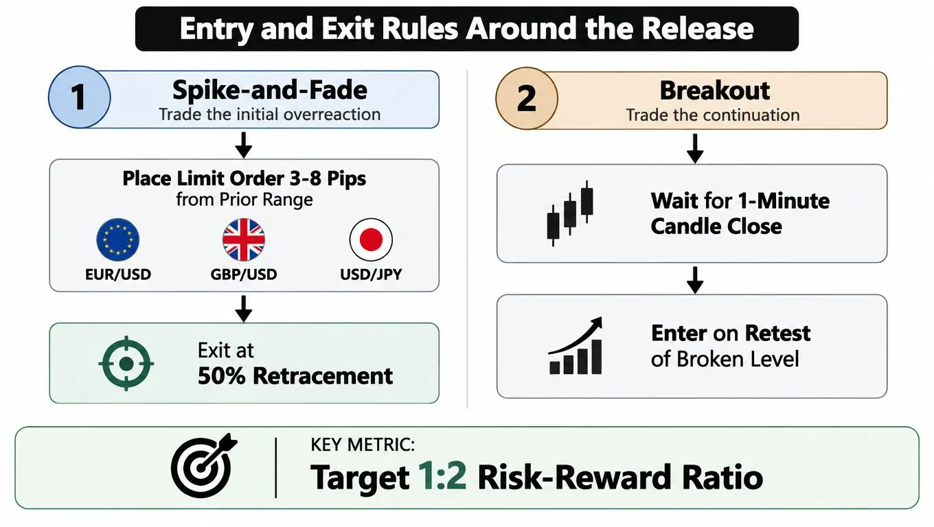 A trading guide explaining spike-and-fade and breakout strategies for news events in forex markets.