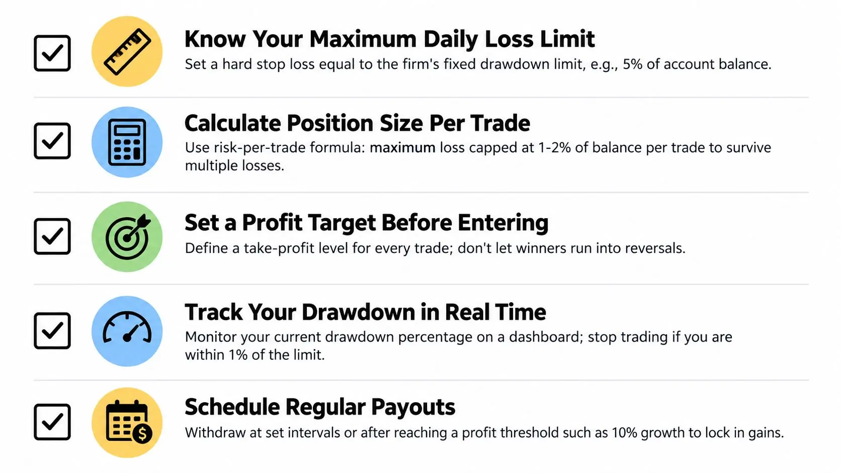 A checklist infographic illustrating five essential risk management and financial planning rules for professional trading accounts.