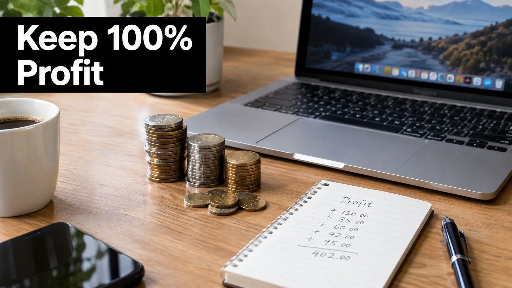 A wooden office desk featuring a laptop, stacks of coins, a notepad showing profit calculations, and coffee.