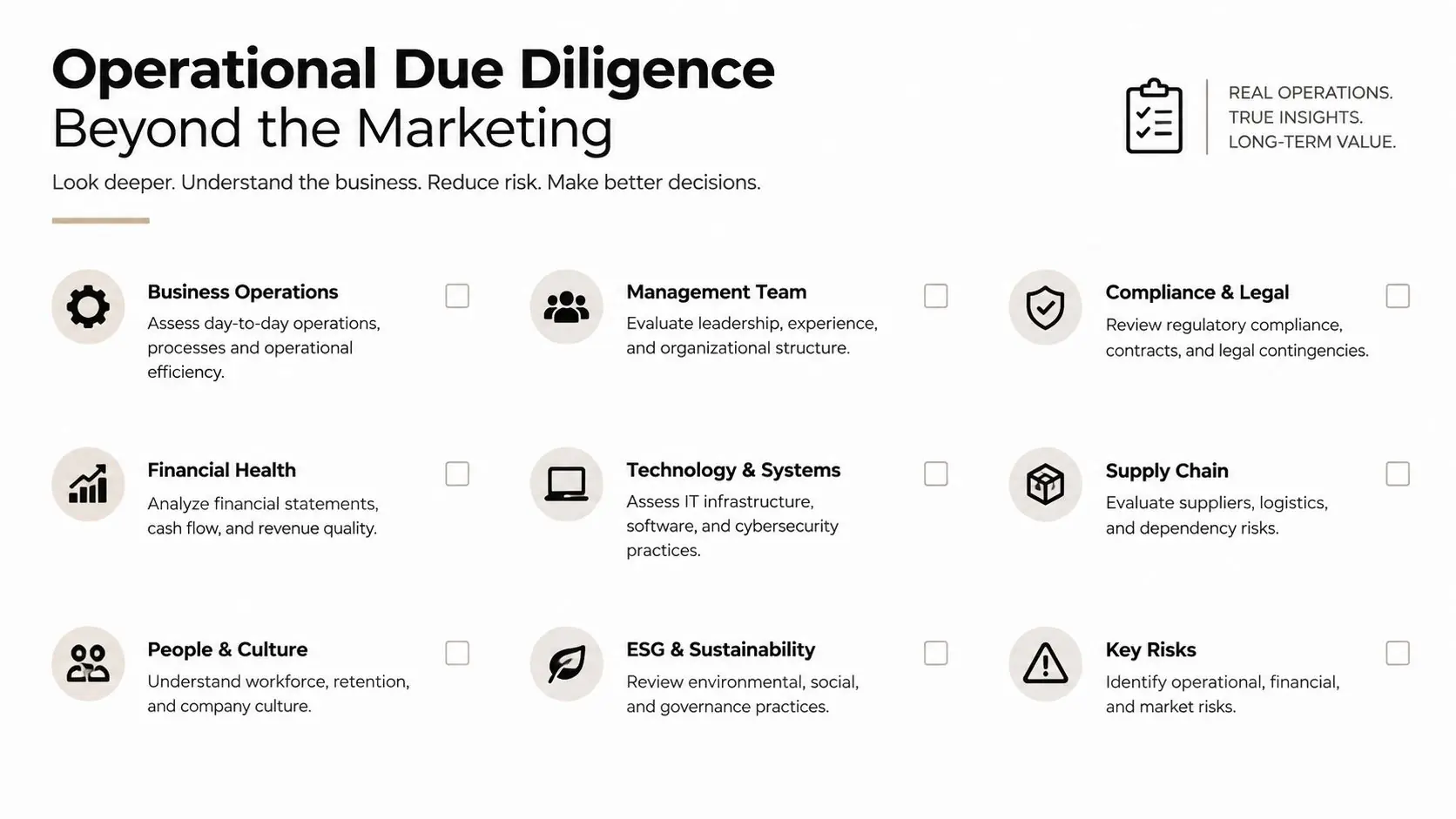 A checklist infographic outlining key components of operational due diligence for businesses, such as operations, finance, and technology.