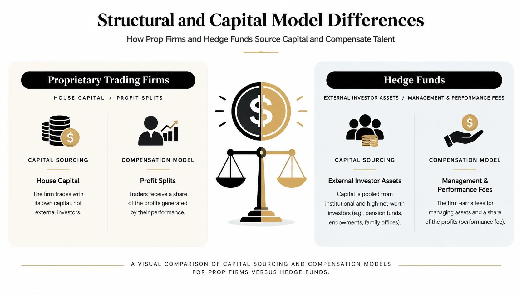 A comparison infographic showing structural and capital differences between proprietary trading firms and hedge fund business models.