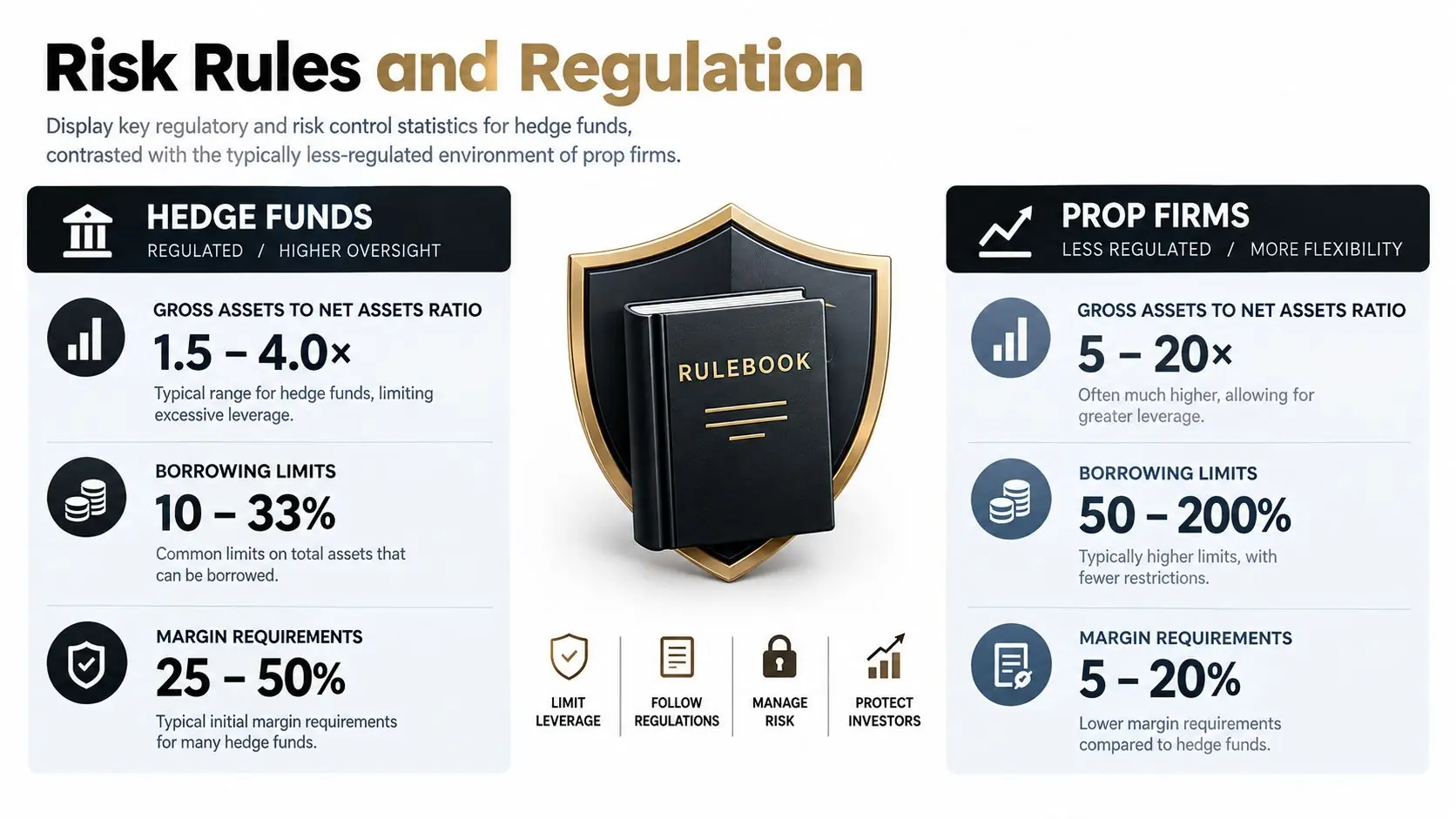 A comparison chart showing the differences in risk, leverage, and regulations between hedge funds and prop firms.