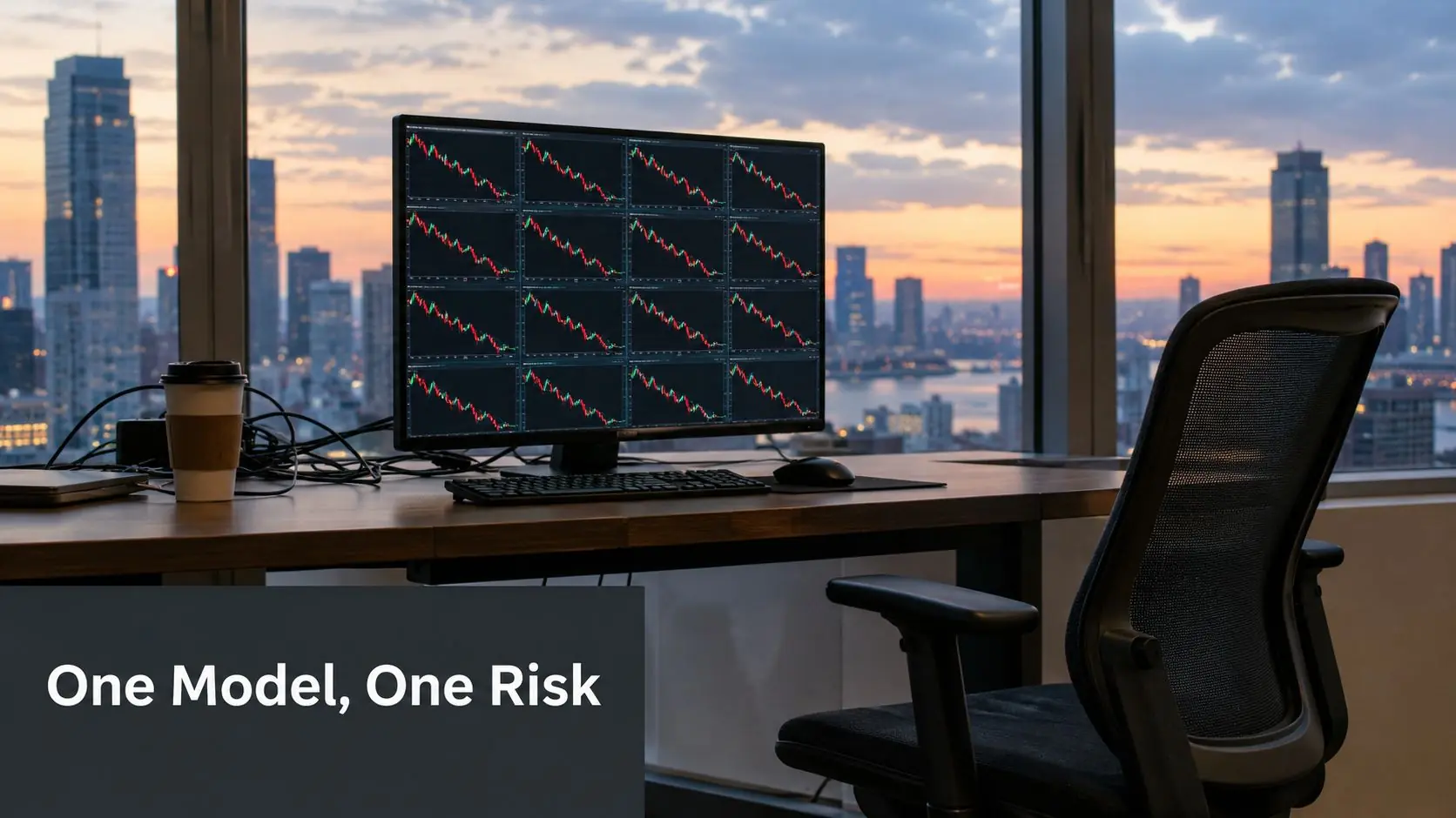 A professional office workspace featuring a computer monitor displaying multiple declining stock market trend charts at sunset.