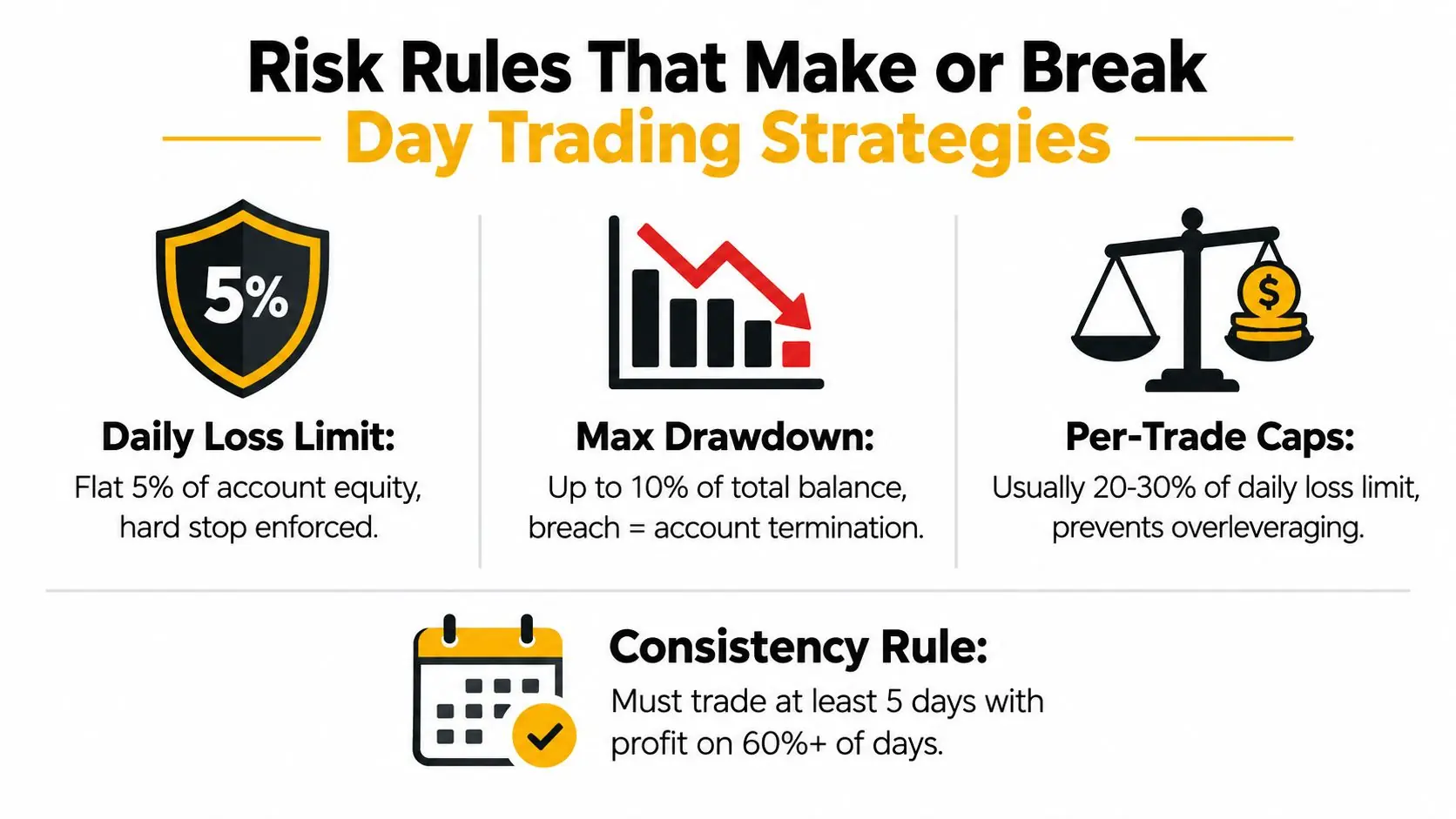 A visual infographic explaining essential risk management rules for day trading in prop firm accounts.
