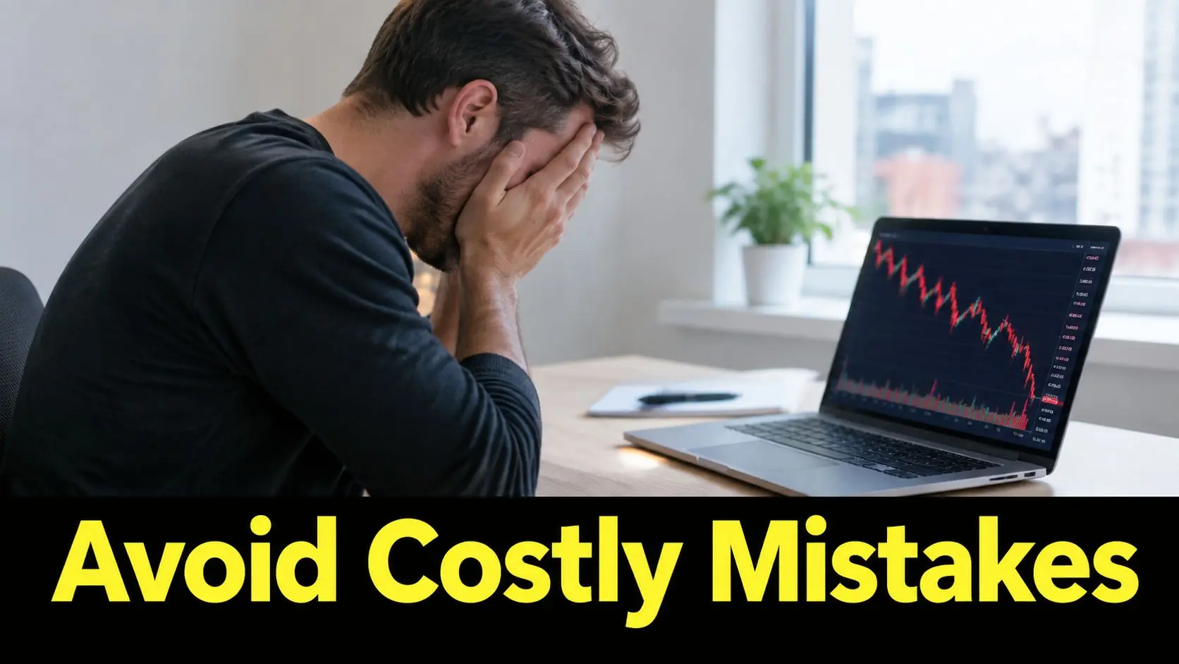 A stressed man sitting at a desk looking at a computer screen showing a declining stock chart.