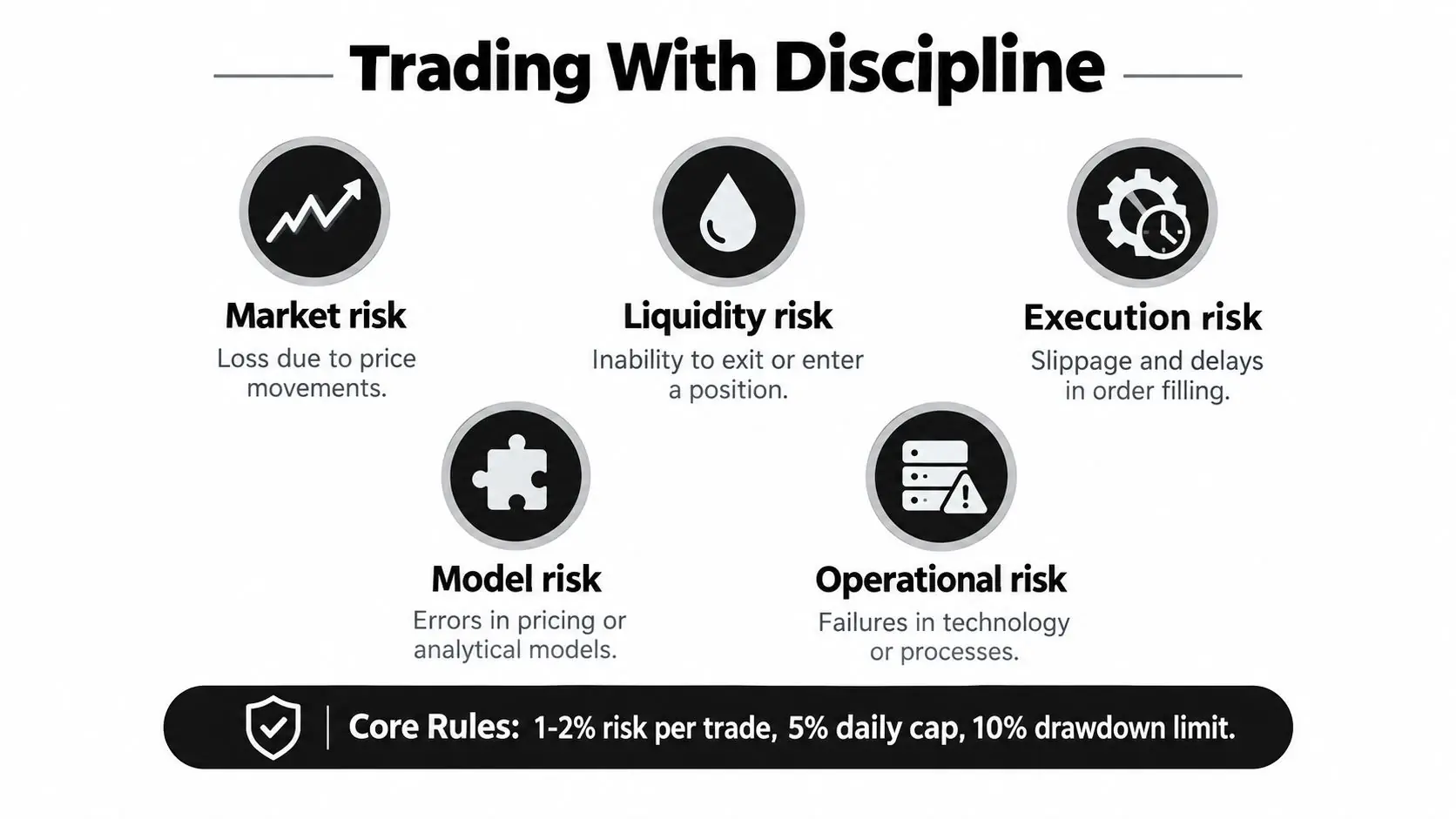 An infographic illustrating five types of trading risks including market, liquidity, execution, model, and operational risk.