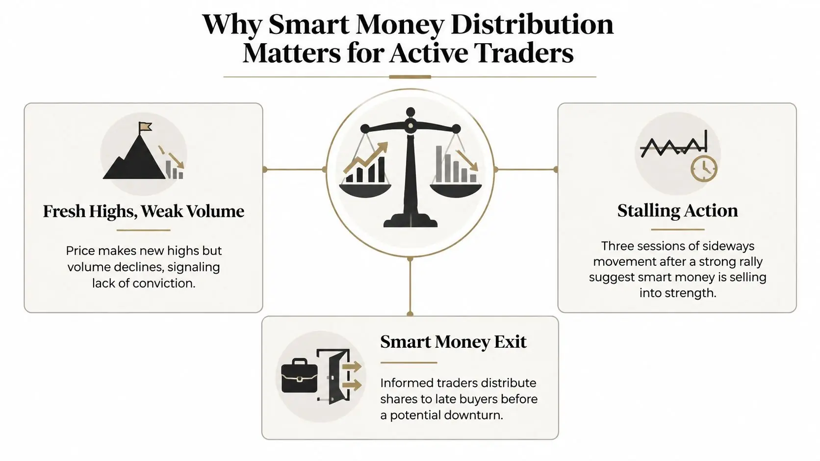 An infographic explaining smart money distribution patterns, including fresh highs with weak volume, stalling action, and exits.