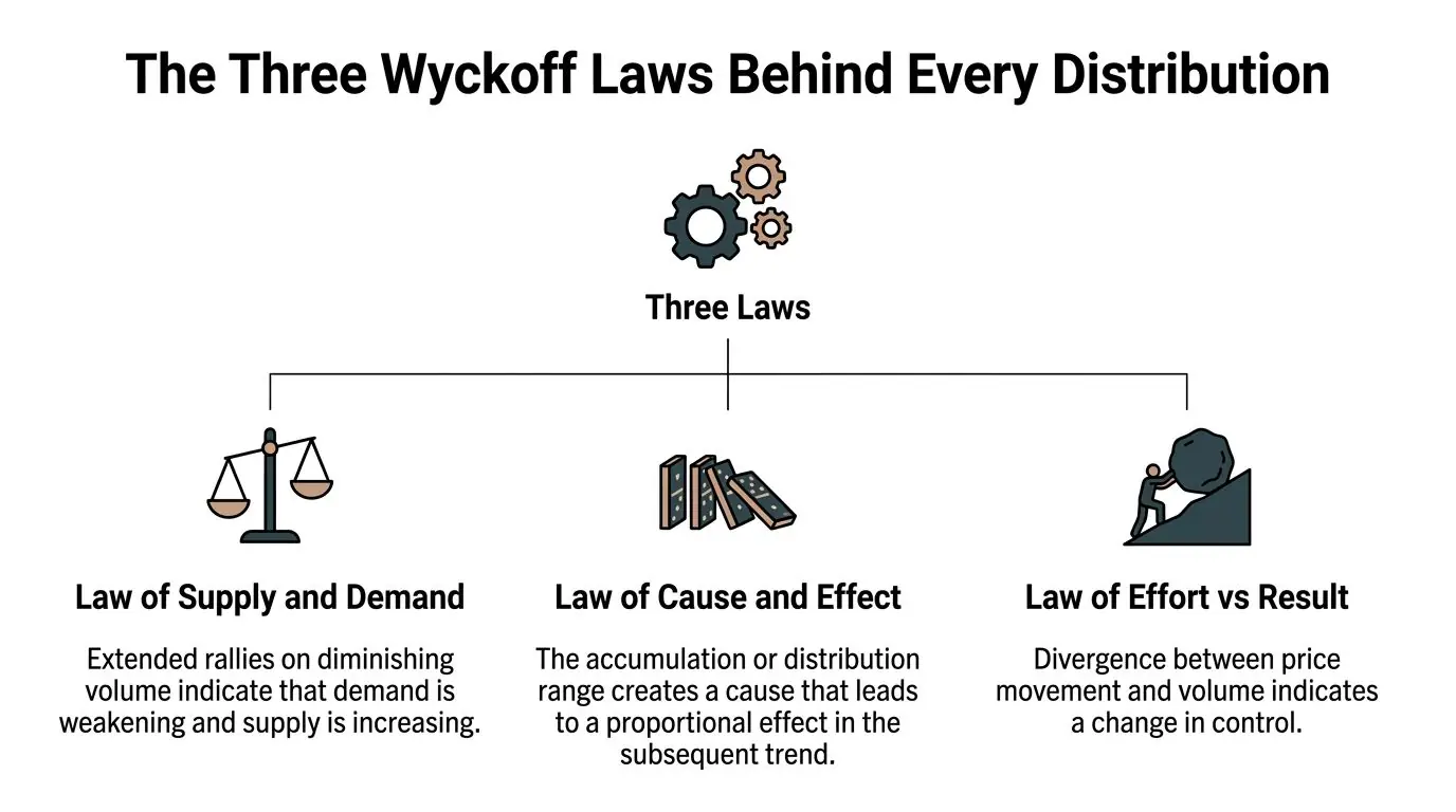 An infographic showing the three Wyckoff laws behind market distribution, illustrated with icons and descriptive text.
