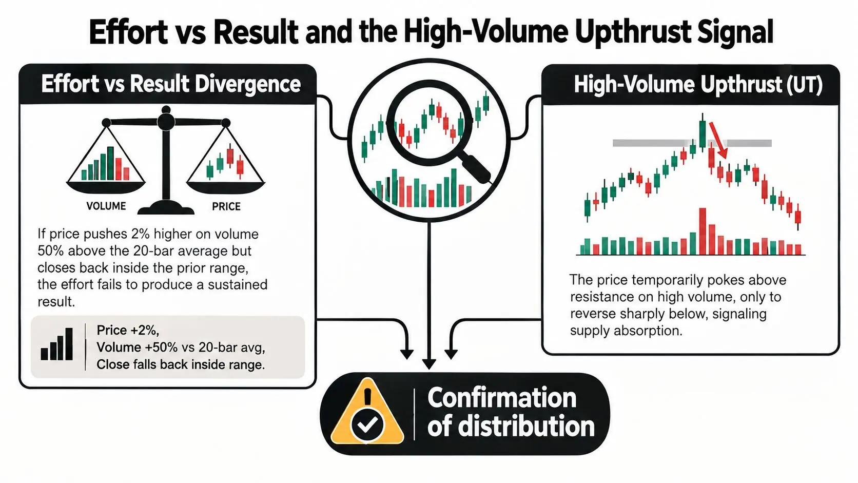 An infographic explaining Wyckoff distribution patterns by comparing effort versus result and high-volume upthrust signals.