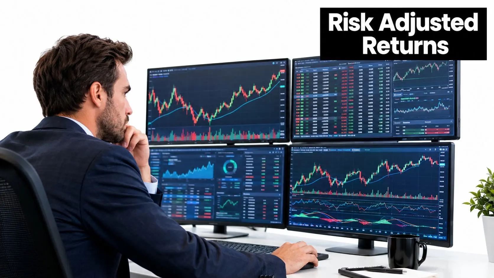 A professional trader in a suit analyzing financial stock market data on multiple computer monitors.