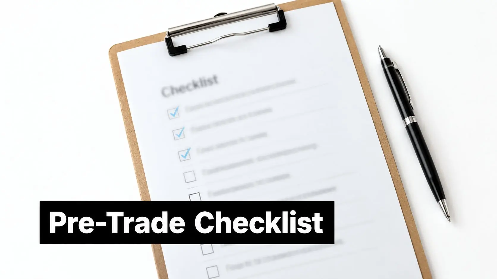 A clipboard with a pre-trade checklist and a black ballpoint pen resting on a white background.