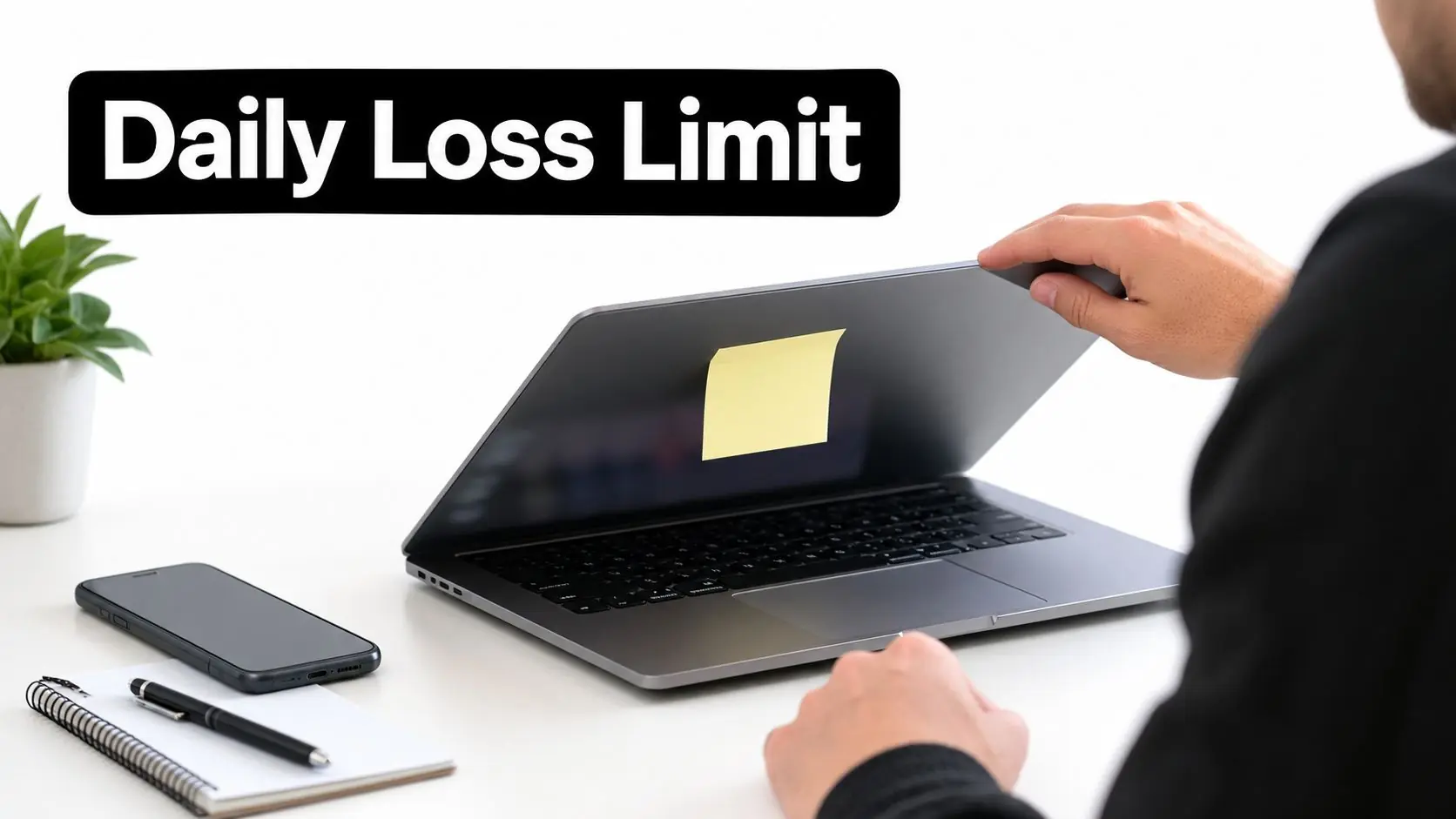 A person closing a laptop with a blank sticky note, symbolizing professional evaluation tips for daily trading.