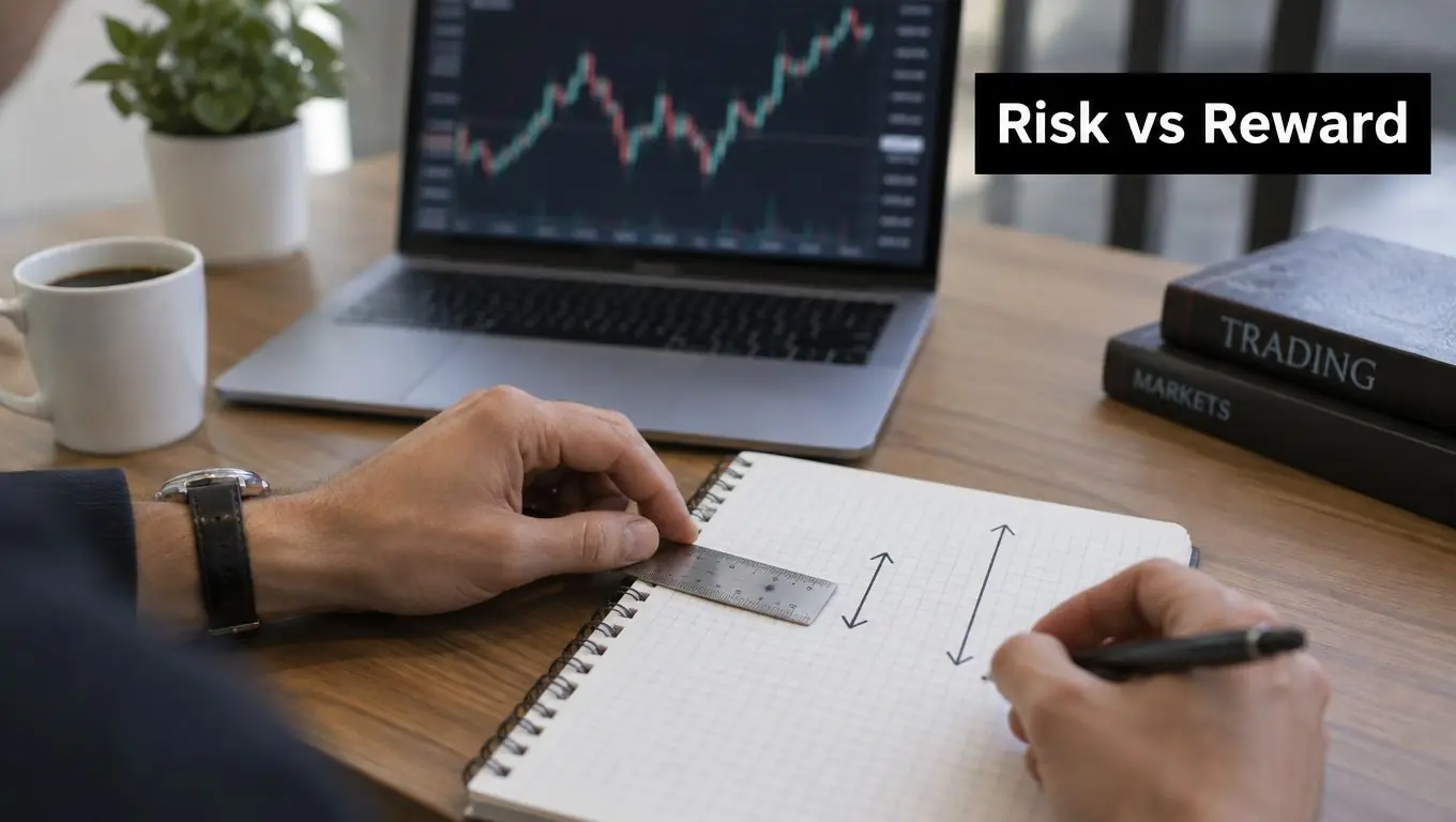 A trader uses a ruler and pen to draw diagrams comparing risk and reward in a notebook.