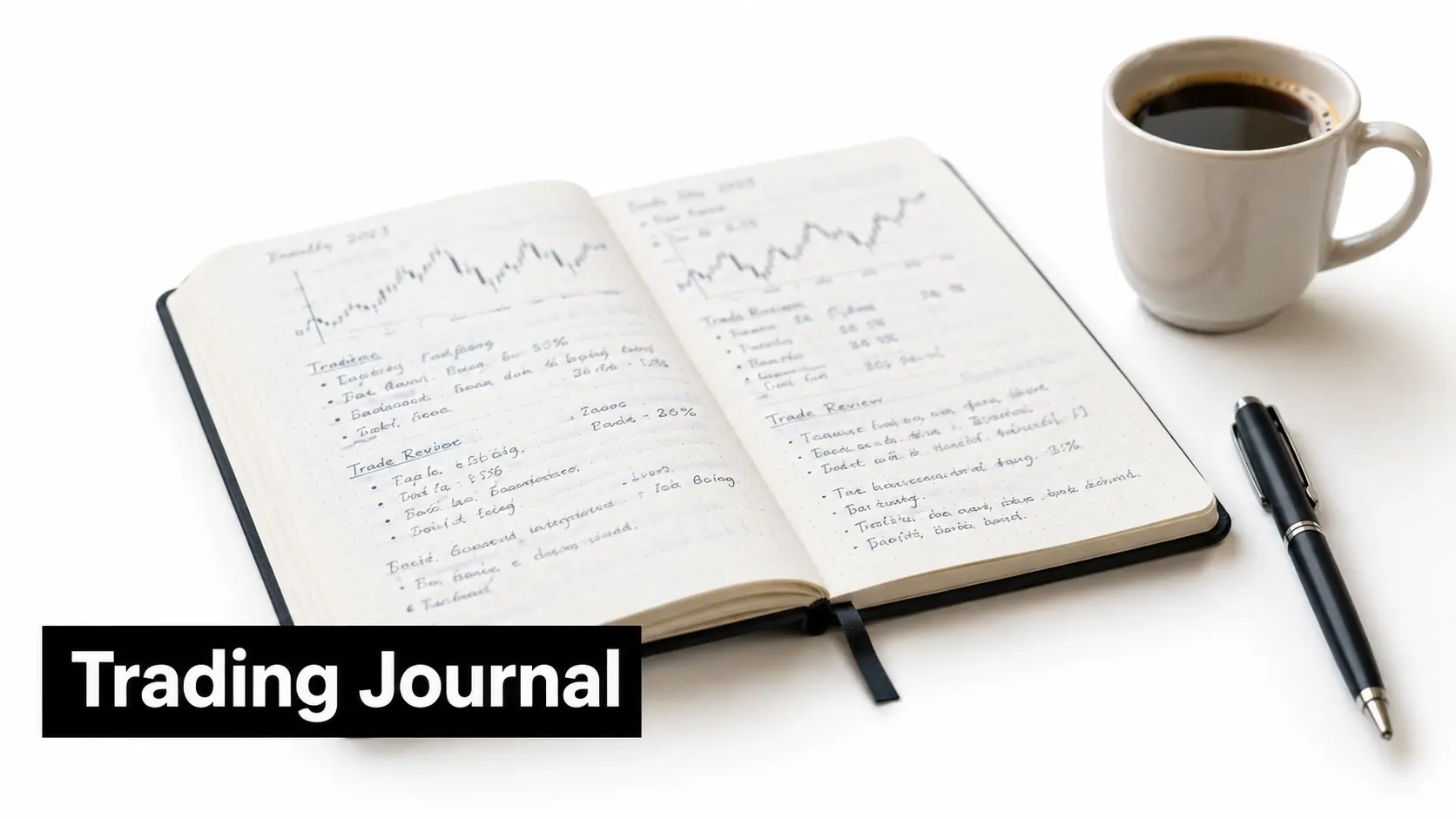 An open notebook with handwritten trading analysis notes beside a white cup of coffee and a pen.