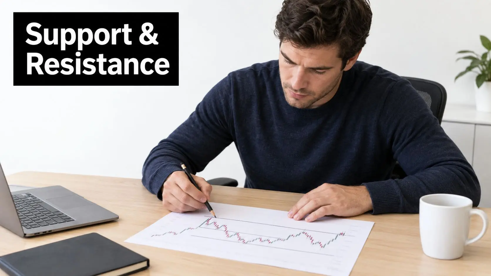 A focused man analyzing stock market trading charts at his desk with a laptop and coffee.
