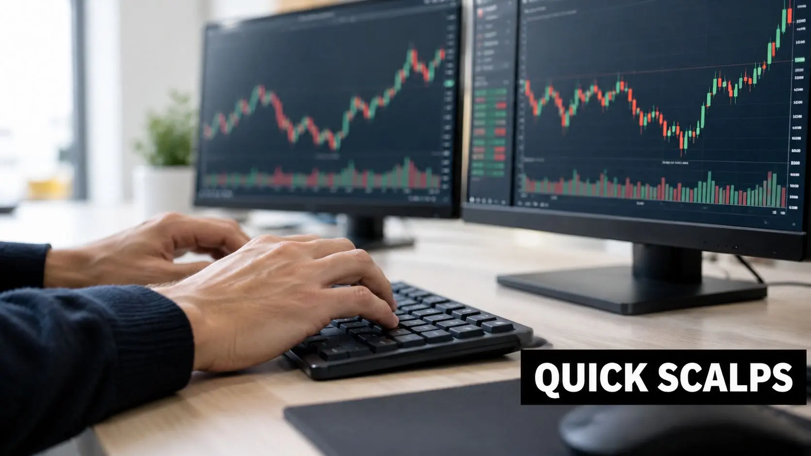 A trader working on two computer monitors displaying live stock market charts and technical analysis data.