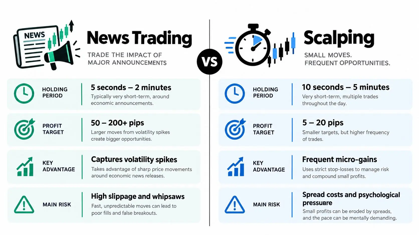 A comparison chart showing the differences between news trading and scalping strategies in financial markets.