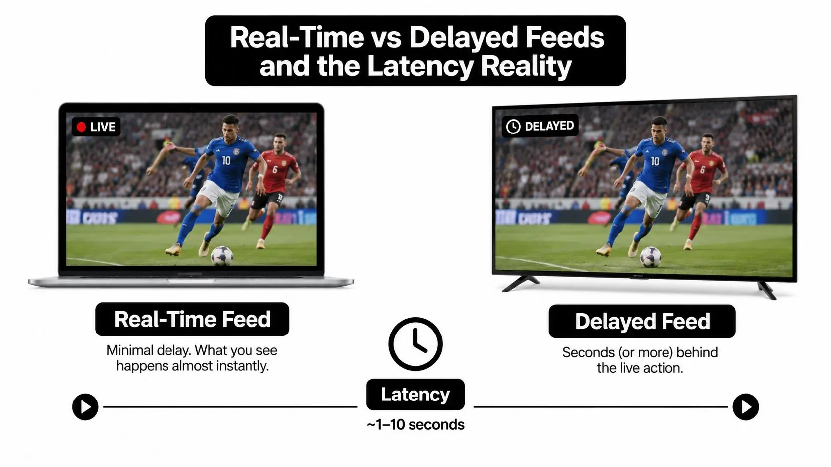 An infographic comparing real-time sports streaming with low latency versus delayed broadcasts on different screens.