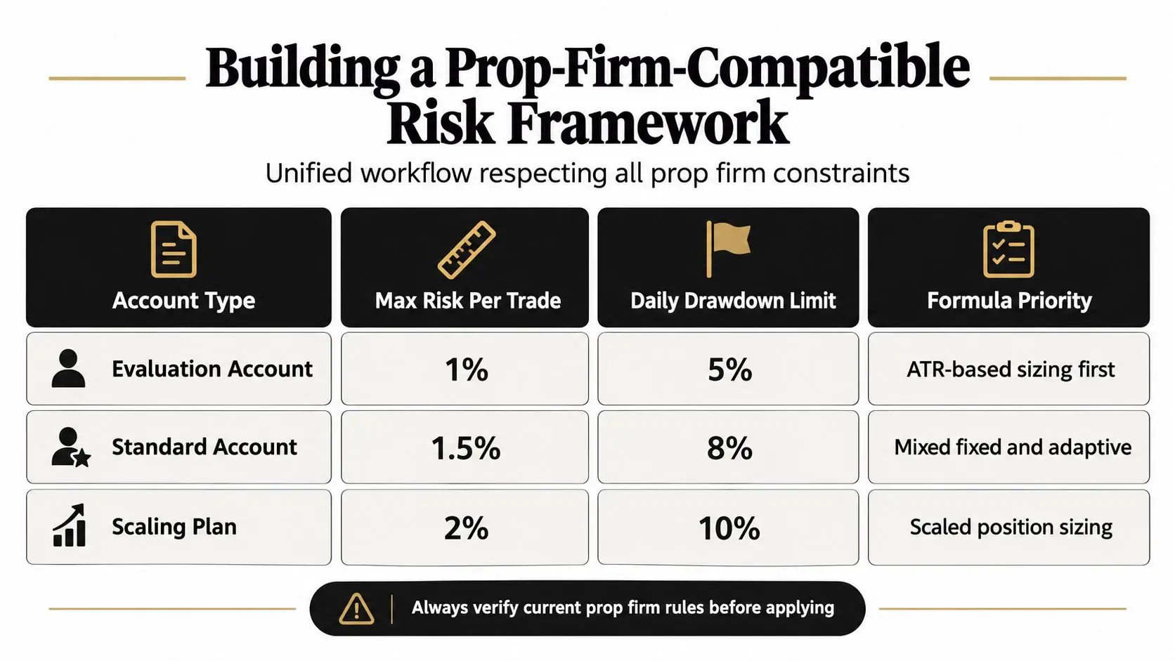 A chart outlining risk management frameworks for different prop firm account types, including drawdown and sizing limits.
