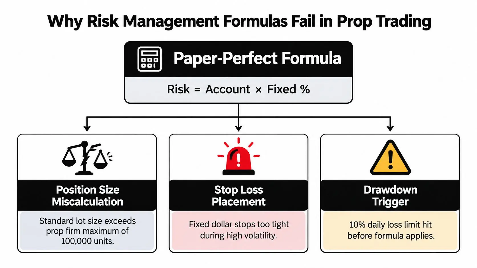 A diagram explaining why simple risk management formulas often fail in proprietary trading account environments.