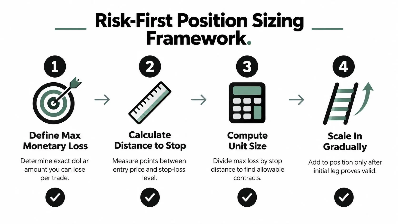 A four-step infographic illustrating a risk-first position sizing framework for traders to manage potential losses effectively.